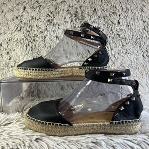 Maypol Espadrille Black Leather Wedge w/ Gold  Studded Double Ankle Wrap Sz 6.5